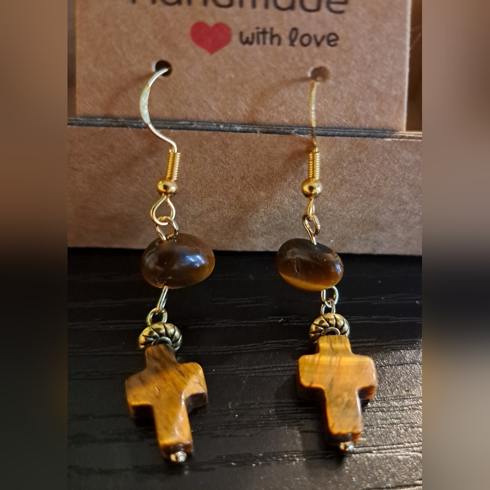 Semiprecious Yellow Tigereye Cross Dangle Earrings in 14K Over Sterling